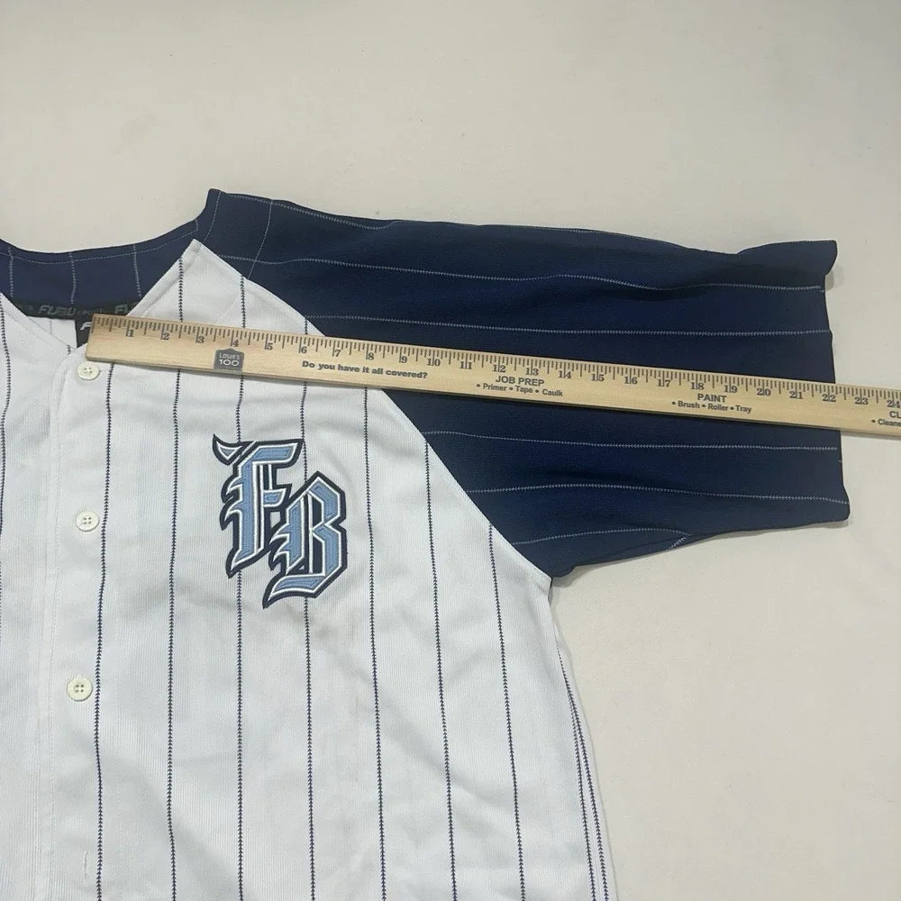 FUBU‎ Baseball Jersey XL White Pinstripe Y2K Button Front Hip Hop 2000s